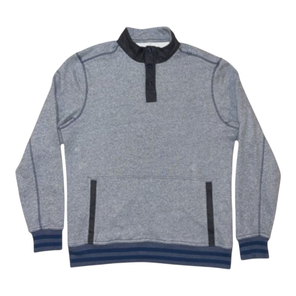 Lululemon Le Pullover Mens L Henley Mock Neck Kangaroo Pocket Gray Blue Striped